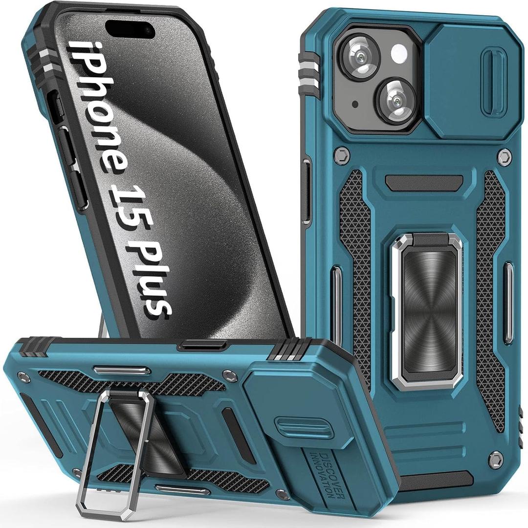 Phone Case for iPhone 15 Plus Case with Camera Lens Cover, with Ring Holder Kickstand, fit Magnetic Car Mount, for iPhone 15 Plus (Light Blue)