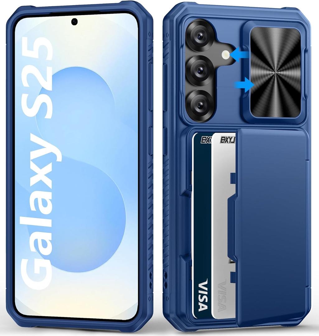 for Samsung Galaxy S25 Wallet Case, Card Holder (4-5 Cards), RFID Block, Slide Camera Cover & Military Grade Drop Proof, Hard Heavy Duty Men Women Protective Phone Case for Galaxy S25, Blue