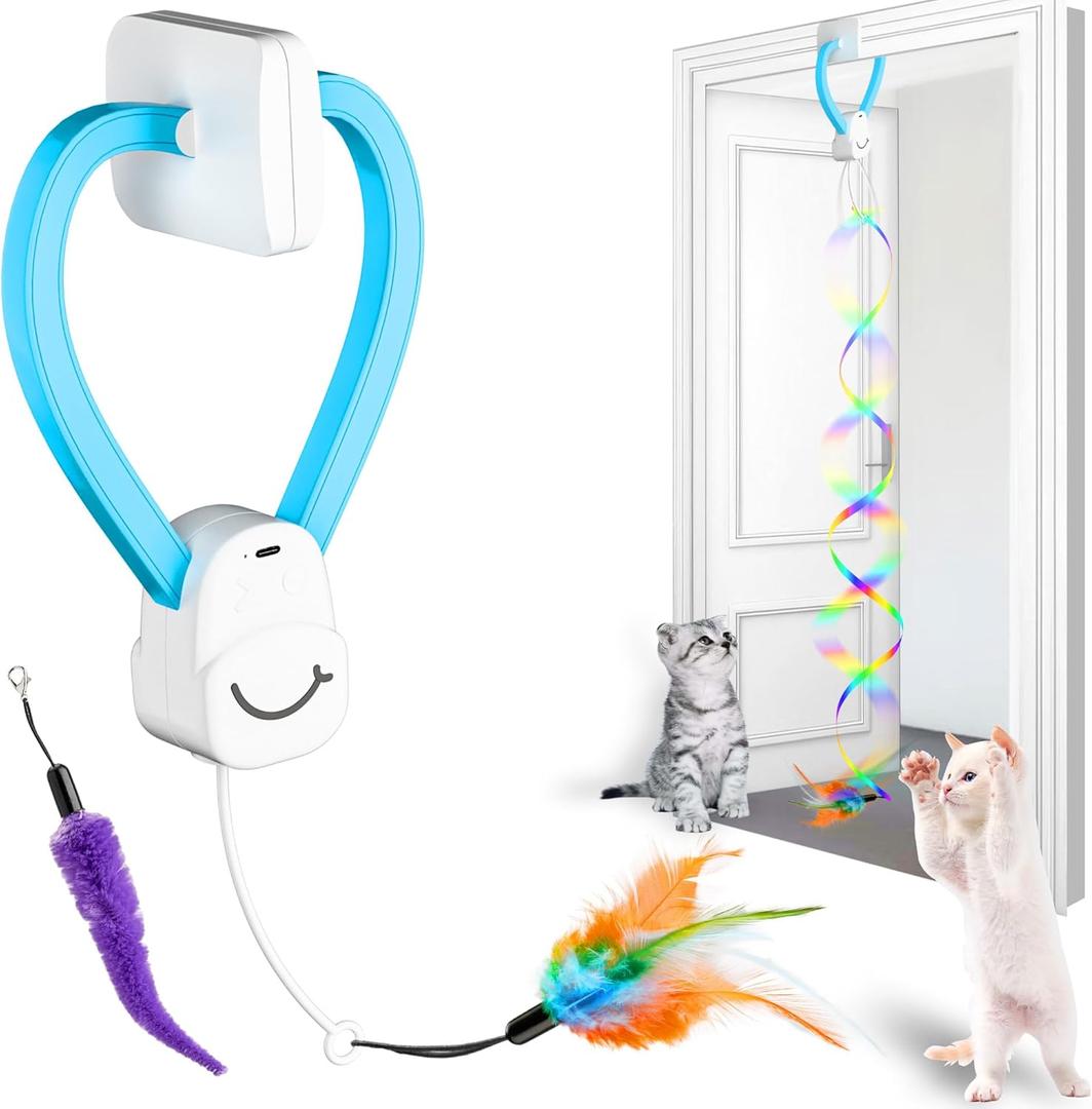 Interactive Cat Toys for Indoor Cats,Enrichment Stimulation Toys, Electric Hanging Door Clip Ribbon Kitty Toy,Automatic Play Chase Exercise Feather Toys for Bored Indoor Adult & Kitten Cats (Blue)