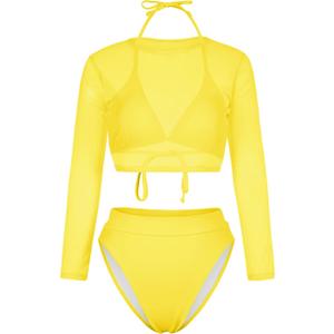 Kisscynest Women's 3 Pieces Swimsuit with Long Sleeve Mesh Shirt Coverup (Large, Yellow)