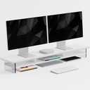 FENSULN DualTier Monitor Stand for Modern Desk Setup Minimalist Wooden and Metal Riser Shelf with Transparent Acrylic Feet for Dual Monitors, Laptops, Home Office Aesthetic, White