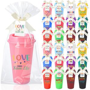 Skylety 24 Set Nurse Week Appreciation Gifts Bulk 16oz Nurse Cup with Lid Reusable Plastic Coffee Cup with Bow Card Opp Bag, Thank You Tumbles Gifts for Women Men RN CNA(Warm Style)
