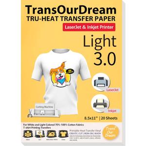 TransOurDream Tru-Heat Transfer Paper for Inkjet & Laserjet Printer (20 Sheets 8.5x11, 3.0) Printable HTV Heat Transfer Vinyl for T Shirts Iron on Transfers for Light Fabrics (TRANS-L3-1-20)