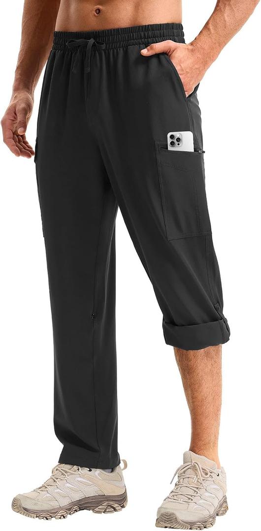 baleaf Men's Hiking Pants Water Resistant Convertible Cargo Capri Roll Up Capri UPF50+ Zipper Pockets Clothing Travel (Medium, Black)