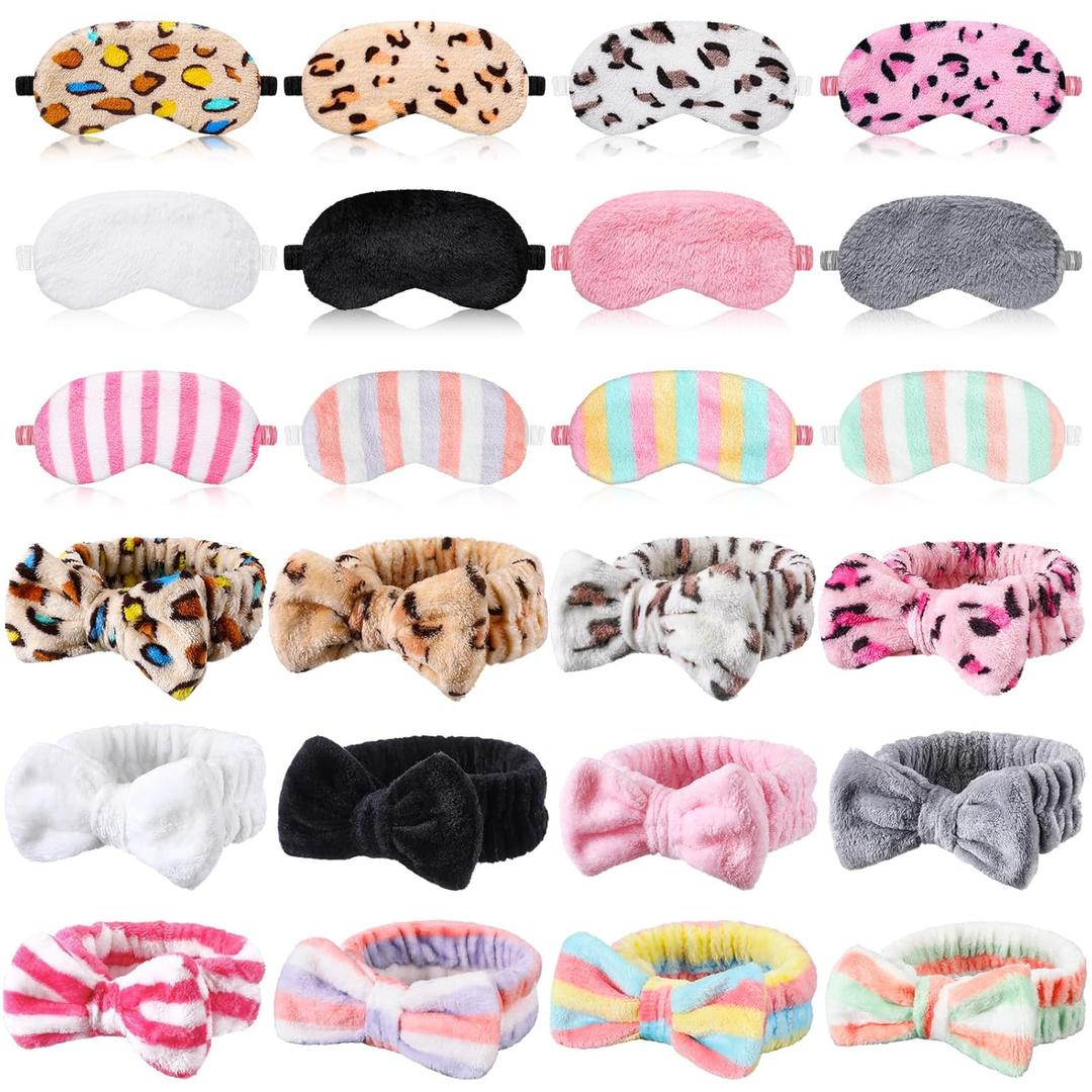 Xuhal 24 Pcs Spa Party Favors Sleepover Party Supplies for Women Soft Makeup Headband for Washing Face Sleep Eye Mask Bow Hair Bands for Slumber Birthday Favors(Spotted, Stripes and Solid)
