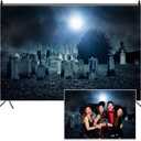 8x6ft Halloween Gloomy Graveyard Backdrop Scary Tombstone Under The Dark Night Moonlight Creepy Cemetery Banner for Ghost Party Haunted House Door Window Wall Porch Garage Decoration