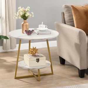 D&H FURNIMMT 20" Living Room Side Table for Small Spaces, 2 Tier Wood Top Round End Tables with Storage Shelf, Accent Sofa Table for Bedroom, Office, Sunroom, Balcony, White Faux Marble/Gold