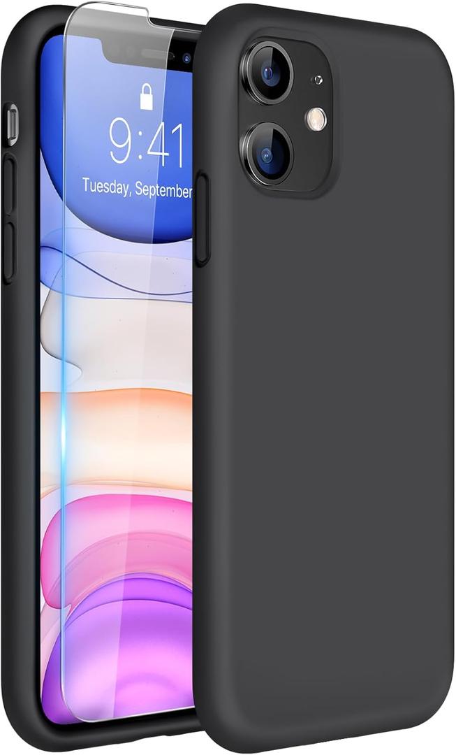 Miracase Designed for iPhone 11 Phone Case, with Screen Protector, Liquid Silicone Gel Rubber Full Body Drop Protection Shockproof Cover Phone Case for iPhone 11 6.1 inch, Black
