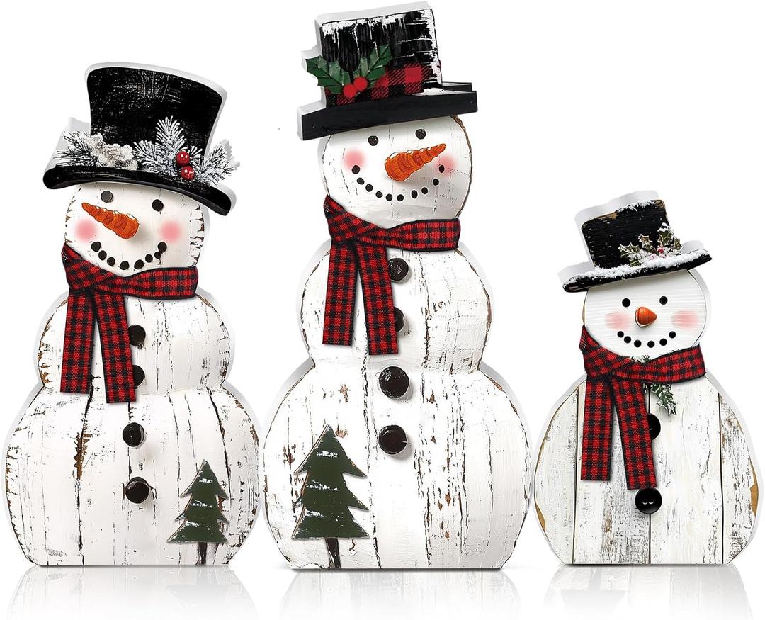 Barydat 3 Pcs Christmas Snowman Wooden Decorations Rustic Snowman Table Centerpieces Block Sign for Xmas Holiday Party Winter Indoor Home Kitchen Office Room Decorations