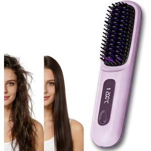 2026 Go Brush Pro for Short Hair, Portable Straightener Brushs for Travel, with LCD Temperature Display, Fast Heating Cordless Mini Hair Brushs Styling Tools (Purple)
