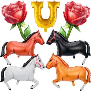 7PCS Run for the Roses Horse Balloon/Kentucky Derby Day Party Decor with Horse Rose Bouquet Gold Horseshoe/Equestrian Race Birthday Party/Girls' Horseback Riding Theme Party/Afternoon Tea Party