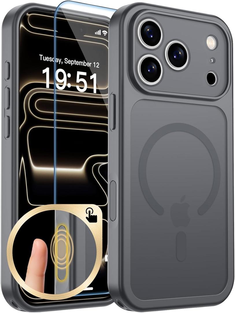 Magnetic for iPhone 17 Pro Max Case, Upgraded [Camera Control Button] [Full Camera Protection] [with 1 Screen Protector] Translucent Matte Shockproof Protective Phone Cover, Gray