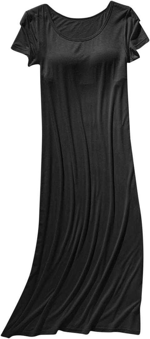 Womens Summer Nightgowns with Built in Shelf Bra Comfy Short Sleeve Long Nightshirt Soft Modal Sleepwear Nightdress (Large, Black)