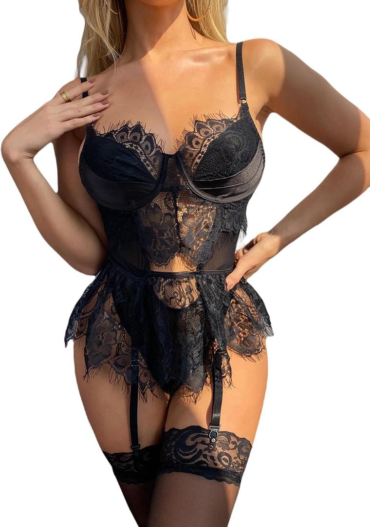 Sexy Lingerie 3 Piece Sets Women Lace Bodysuit with G-String and Stockings Sheer Mesh Strappy Outfits (Black, XL)
