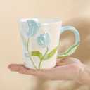 DTIUYIOP] Floral Ceramic Coffee Mug 12 Oz, Cute Flower Tea Cup with Handle for Women, Girly Mug Gift for Christmas Birthday, Home Office Drinkwareblue