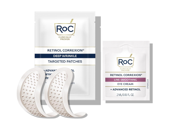 RoC Retinol Correxion Deep Wrinkle NonInvasive Targeted Patches with Hyaluronic Acid + Firming Peptides for Forehead, 11 Lines, Crow’s Feet and Laugh Lines, (6 Patches) with Retinol Eye Packette