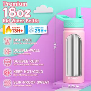 baab 18oz Kids Insulated Water Bottle 18/8 Stainless Steel Straw Cup  | BPA-Free, DIY Stickers, Leakproof & Spillproof, Easy to Clean & Carry, Gift for Boy Girl Youth, for School Sport Travel