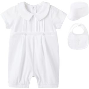 pureborn Unisex Baby Jumpsuit Infant Boys Girls Cotton Spring Fall Romper One-Piece Coverall Baptism Outfit White  (9-12 Months)
