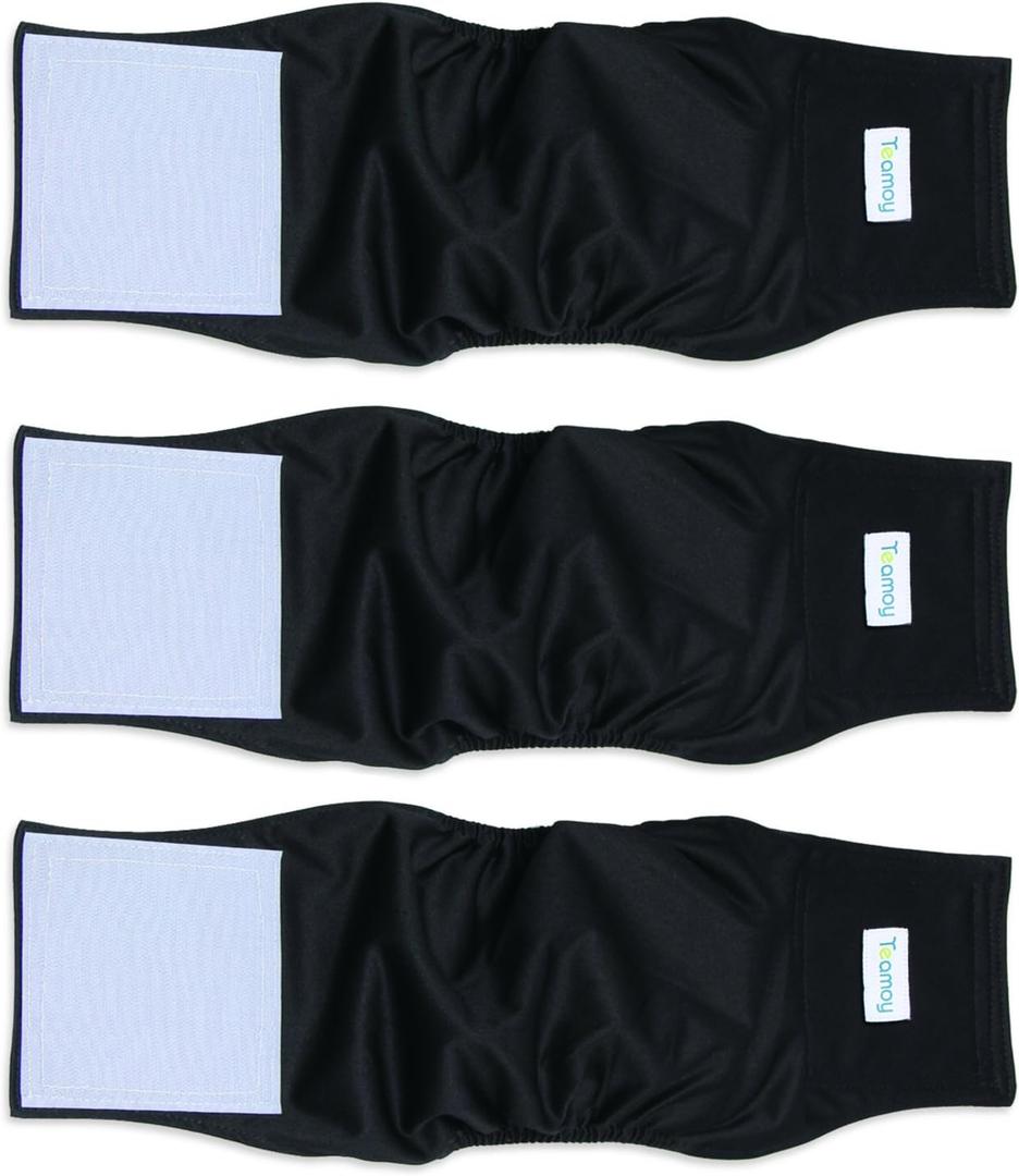 Teamoy 3 Pack Male Dog Diaper Wrap, Washable Puppy Belly Bands, Super-Absorbent and Comfortable(L1,16-20" Waist, Black)