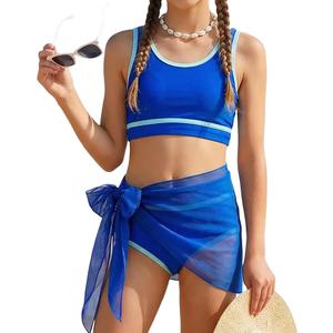 JiAmy Girls Bathing Suit Color-Block Swimsuits 3 Piece Bikini Sets Adjustable Straps Swimwear 13-14Y