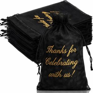 Riakrum 100 Pcs Sheer Organza Bags Wedding Favor Mesh Drawstring Bags Thank You Gift Bag for Guests Candy Candy Gift Bag for Wedding Favors, Bridal Shower, Anniversary, Birthday(4 x 6 Inch,Black)