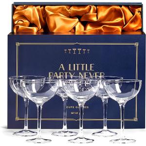 Vintage Crystal Champagne Coupe Glasses | Set of 6 | 4-5 oz Classic Cocktail Glassware - Martini, Manhattan, Cosmopolitan, Sidecar, Daiquiri | 1920s Speakeasy Retro Style Saucers | Storage Box