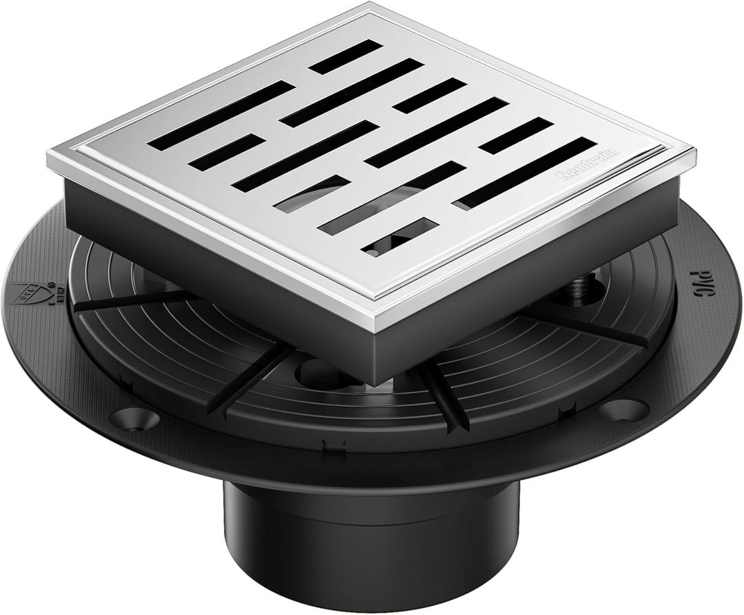 Neodrain Square Shower Drain, 4 inch Stainless Steel 304 Grate and PVC Drain Body, Brick Pattern Grate with Brushed Nickel Finish, Kit Includes Hair Trap/Strainer,Lifting Hook and PVC Drain Base