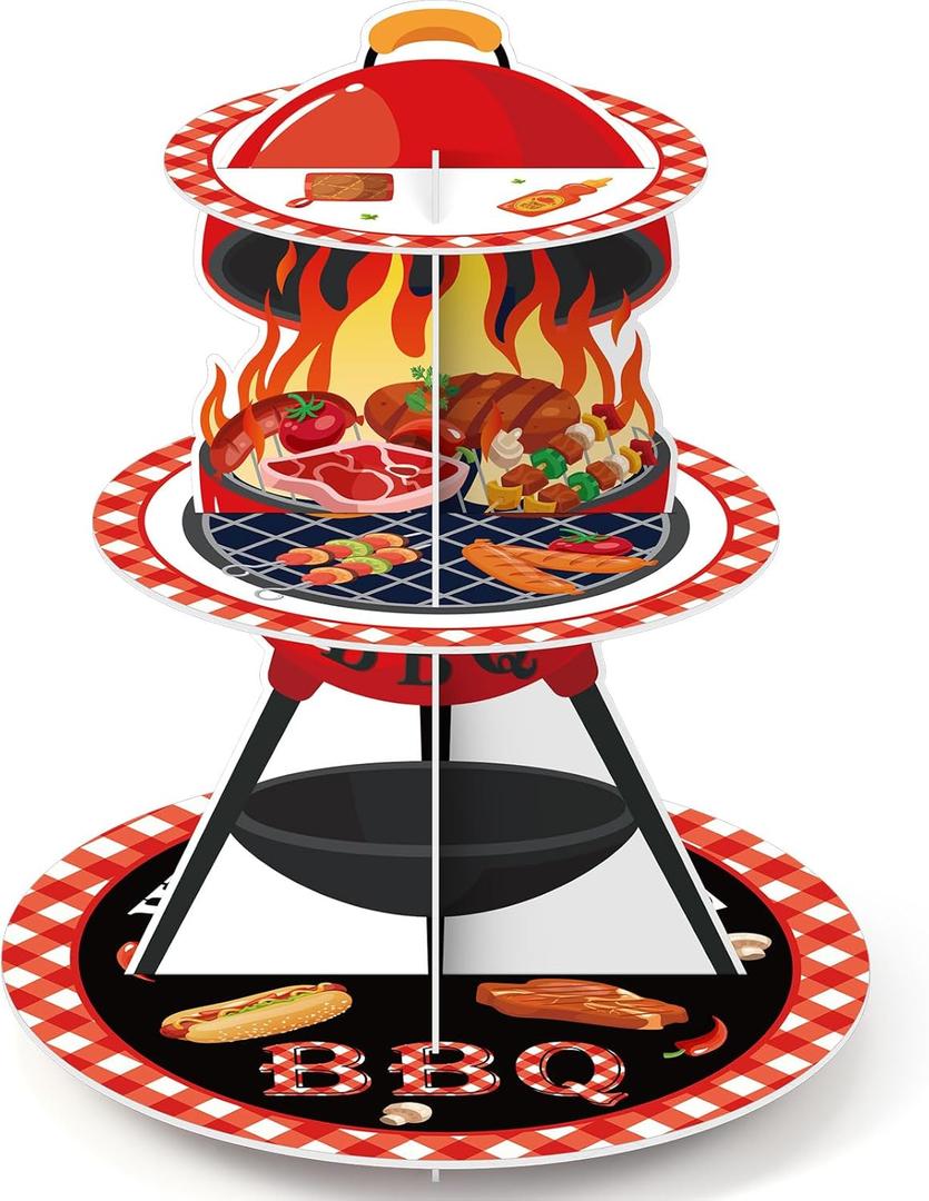 3 Tier BBQ Party Cake Stand Decoration Barbecue Theme Summer Cupcake Tower Baby Q Table Decoration Red and Black Gingham Cake Holder for Summer Picnic Camping BBQ Baby Shower Party Supplies