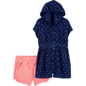 Simple Joys by Carter's Girls Hooded Cover-up and Shorts (6-9 Months, Navy Dots/Pink)