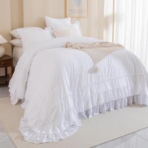 Masaca White Oversized King Comforter Set 120x120,Farmhouse Shabby Boho Chic Ruffle California King Bed Comforter Set French Country Rustic Bedding 3PCS (1 Ruffled Comforter+2 Pillow Shams)