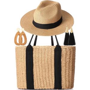 Glitopper 4 Pcs Straw Bag Woven Bag and Rattan Wicker Hat Tassel Earrings Set Summer Tote Handbag for Woman Vacation Boho Accessories