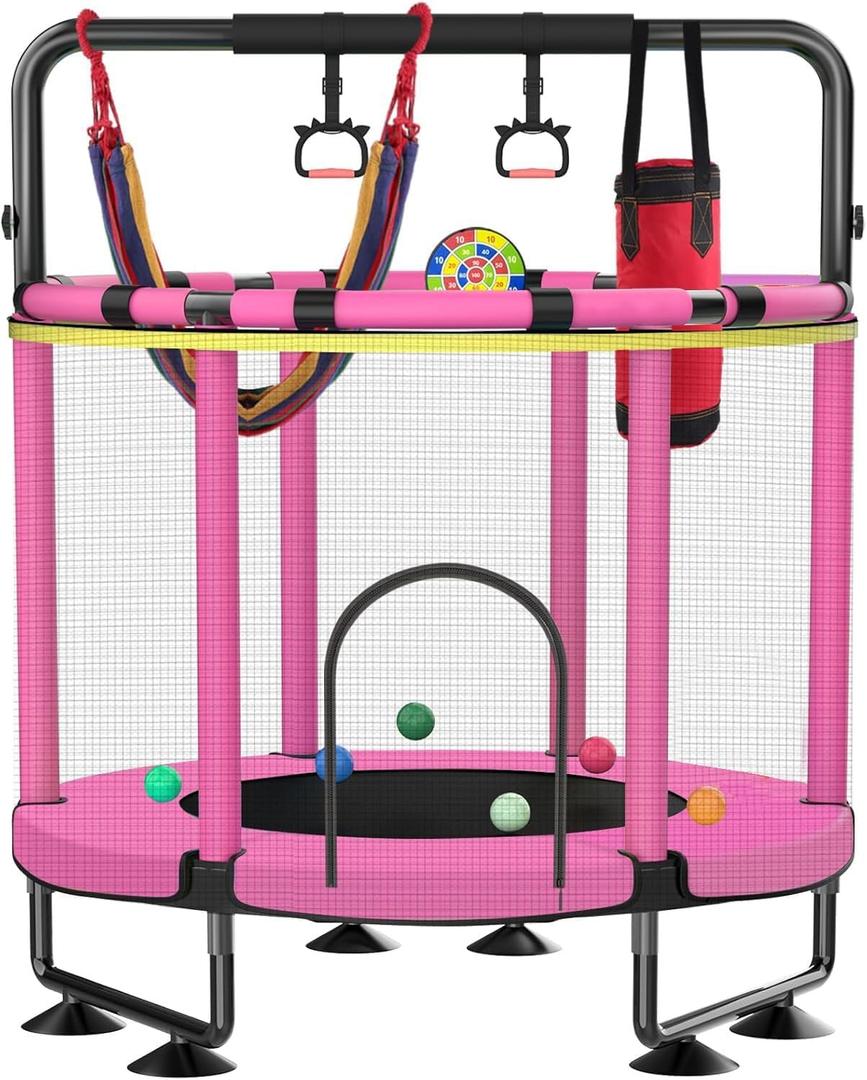 Trampoline for Kids, Upgrade Full Anti-Rust 440lbs Indoor Outdoor Toddler Trampoline with Net, 55" Adjustable Baby Toddler Trampolines Accessories Dart Board