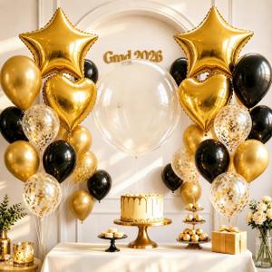 Black and Gold Balloons Heart Star Shape Foil Balloons for Birthday Party, Metallic Gold and Black Party Decoration 18 in Clear Confetti Heart Star Mylar Balloon as Graduation 2025 Prom Supplies Decor