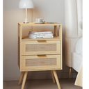 Rattan Nightstand,Farmhouse Bedside Table with 2 Storage Drawer and Open Wood Shelf, for Bedroom and Small Spaces,Night Stand with Solid Wood Legs (Yellow Oak)