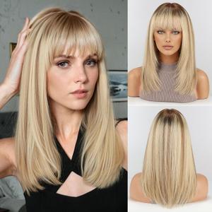 16inch Human Hair Wigs with Bangs, Layered Straight Wig with Realistic Scalp, Middle Part - Natural Color for Women (Blonde Mixed Brown)