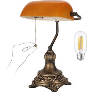 NISSAFORS Bankers Lamp with Pull Switch, Amber Glass Desk Lamp with Retro Black/Gold Finish, Vintage Table Lamps for Living Room, Home Office, Library, Piano LED Bulb Included (Amber)