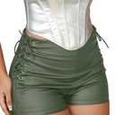 Benfoly Leather Shorts for Women High Waisted Lace Up Side Stretchy Sexy Mini Booty Short Y2K Rave Club Party Concert Winter Army Green XL