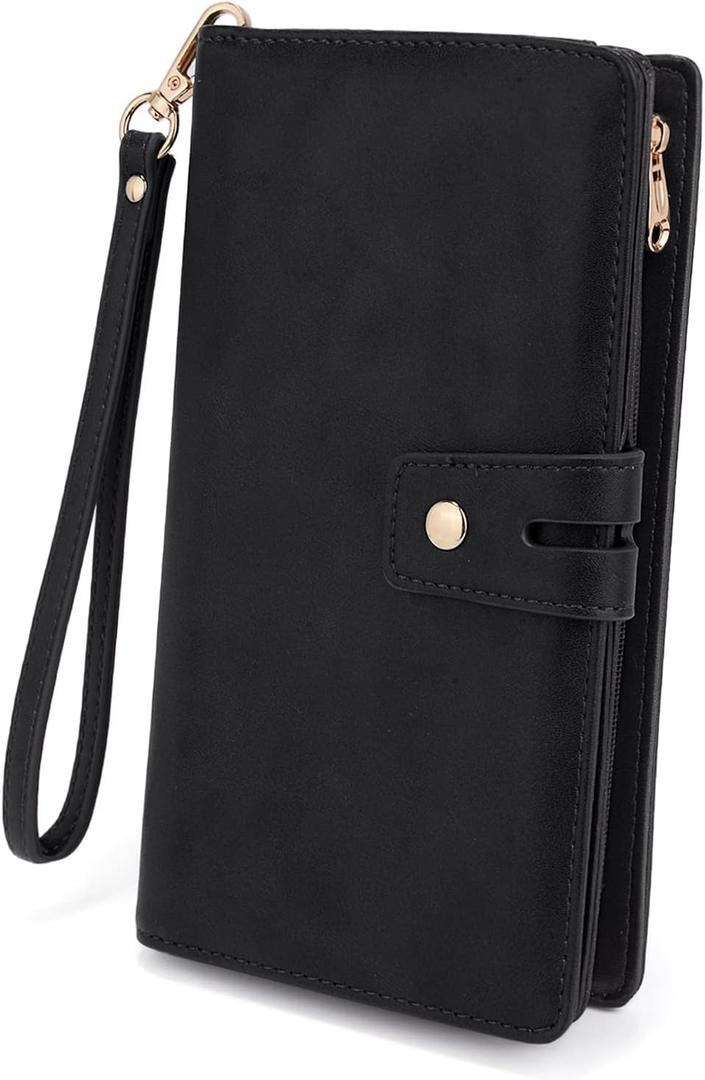 UTO Wristlet Wallet for Women Detachable Checkbook Holder Card Bill Phone Organizer Large Clutch Purse (1085 Black)