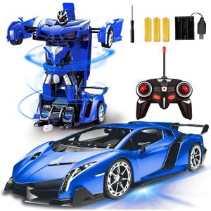 Transform Remote Control Car, Transform Robot Toys for Boys 3-8 Years Old, Rechargeable RC Police Car with Lights, 2.4Ghz Deformation 360° Rotating Race Vehicle Kids Toys Boys Easter Gift (Blue)