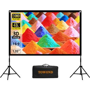 Towond Projector Screen with Stand, Towond 120 inch Portable Movie Screen Indoor Outdoor 16:9 HD Front Rear Projection Screen with Carry Bag Wrinkle-Free and Foldable Polyester Fabric Design for Home Theater