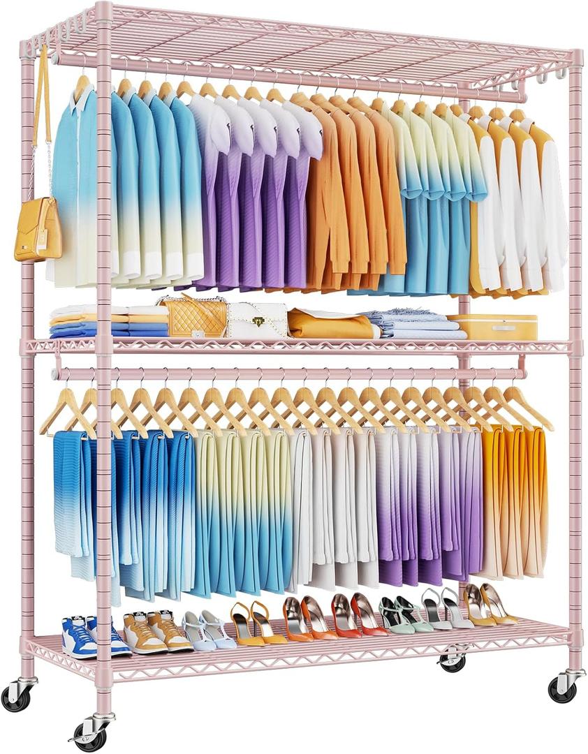 ULIFHOME P8 Max Heavy Duty Clothes Rack（With Extended Width Design） Rolling Clothing Racks for Hanging Clothes，Portable Garment Rack with Lockable Wheels，51.2" W x 15.8" D x 80.5" H，Load 700LBS，Pink