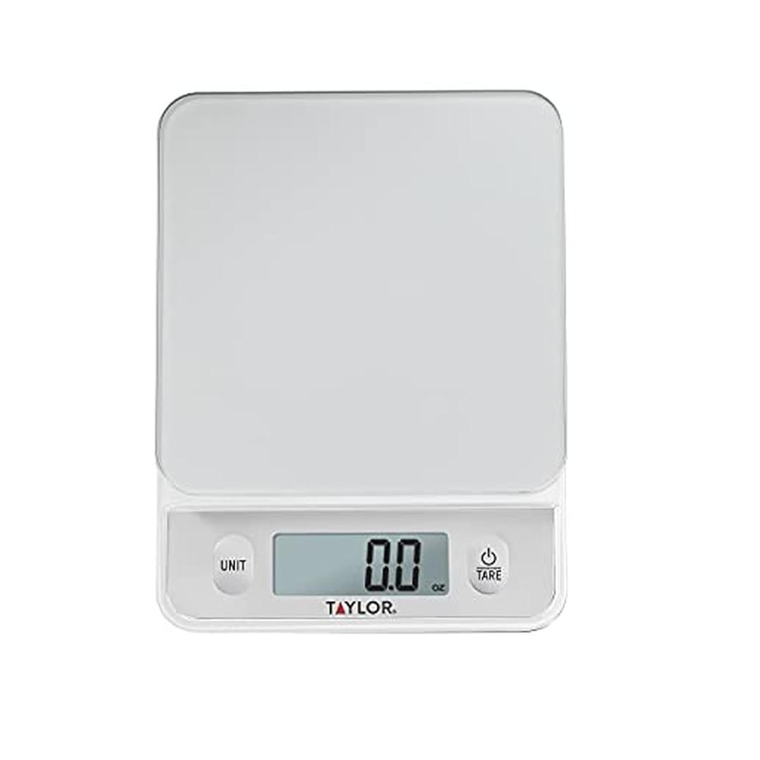 Taylor Glass Top Food Scale with Touch Controls, 11 lb Capacity, Sleek Silver Design, Accurate and Easy-to-Use Scale for Cooking and Baking