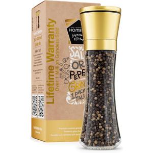 HOME EC Original Stainless Steel Salt or Pepper Grinder 1pk - Adjustable Ceramic Sea Salt Grinder or Pepper Mill - Tall Glass Spice Shaker - Spice Mill w/Ebook (Gold)