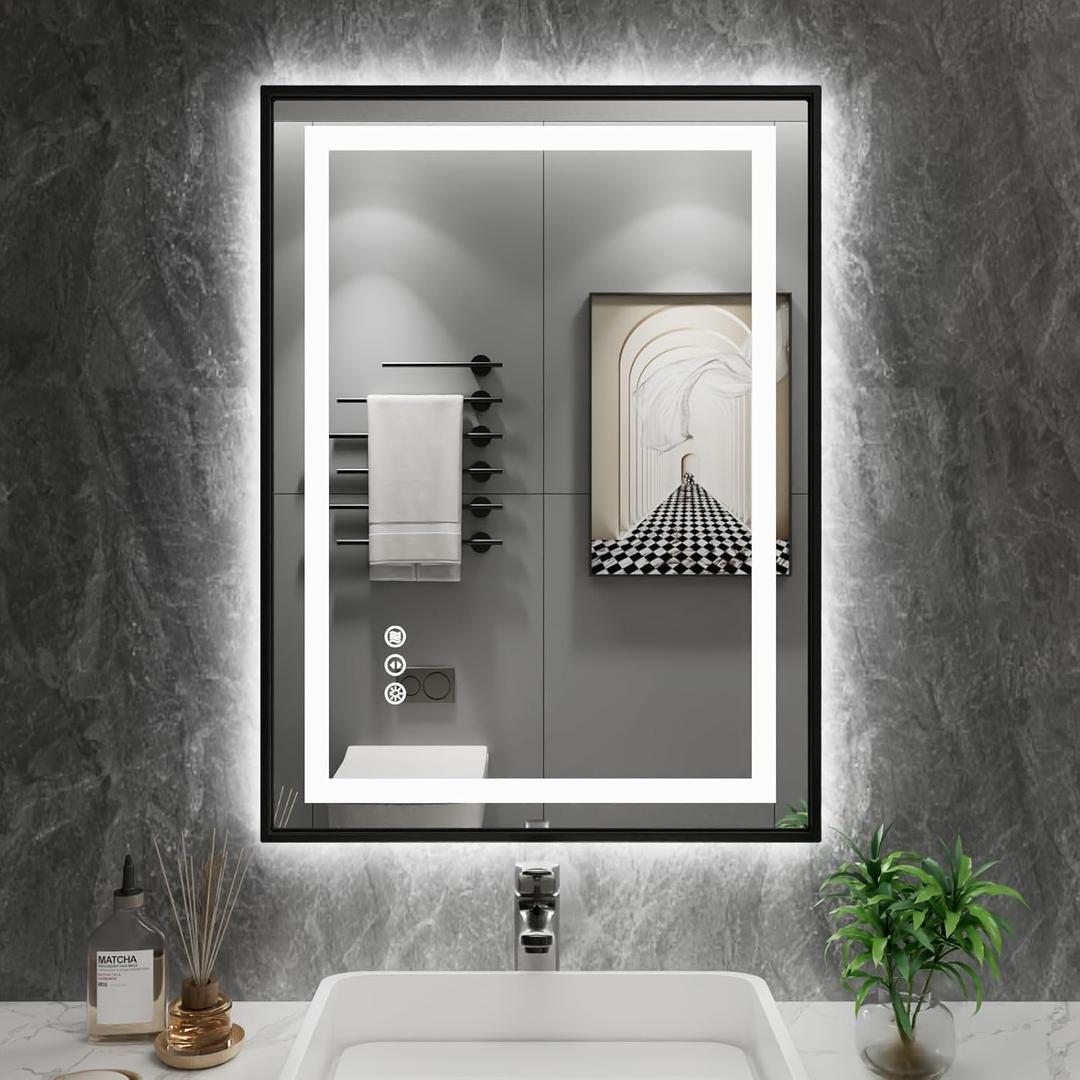 Amorho 28"X36" LED Bathroom Mirror with Black Frame, Front Light and Backlit, Stepless Dimmable, Anti-Fog, Shatter-Proof, Memory, 3 Colors, Double LED Vanity Mirror