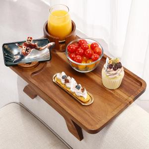 Couch Armrest Table Acacia with 360Rotating Phone & Cup Holders,15.4" x 9.8", 3-in-1 Couch Arm Tray Clip-On Couch Tray for Drinks & Snacks