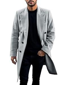 PASLTER Mens Trench Coat Mid Long Double Breasted Slim Fit Peacoat Notched Lapel Winter Business Overcoat (Large, White)