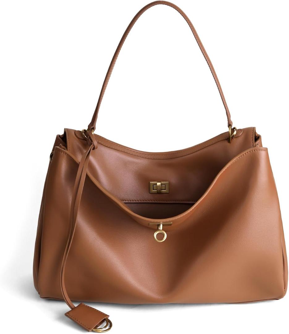 Genuine Leather Tote Bag for Women: Soft Leather Shoulder Handbags for Ladies - Satchel Purse for Travel Work(Large) (Brown)