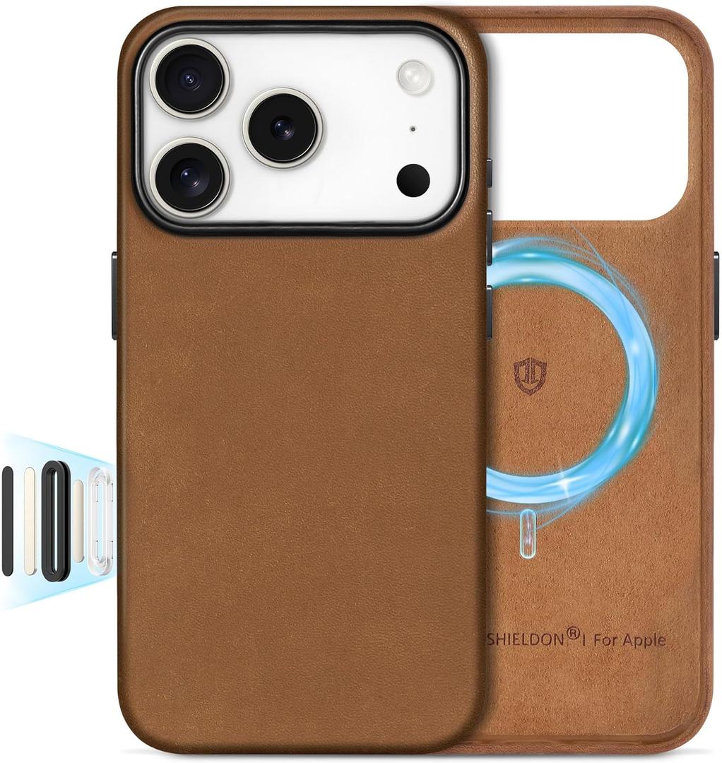 SHIELDON Top Grain Crazy Horse Leather Case for iPhone 17 Pro 6.3" 2025 | [Updated Camera Button] | Compatible with Magsafe | Magnetic Wireless Charging | Shock-Absorbent | Metal Buttons - Brown