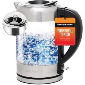 OVENTE Electric Kettle with 1.7L Borosilicate Glass, 1500W Instant Water Boiler and Heater for Coffee or Tea, BPA Free, Easy to Fill Lid, Auto Shut-Off and Boil Dry Protection, Silver KG612S