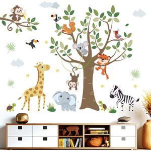 Jungle Animals Wall Decals for Baby: Peel and Stick Monkey Elephant Giraffe Tiger Wall Stickers - Wall Decor Art Kids Supplies Ages 1-12 Years